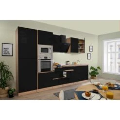 Respekta Premium Küchenzeile Grifflos 335 Cm Schwarz Hochglanz-Eiche Sägerau