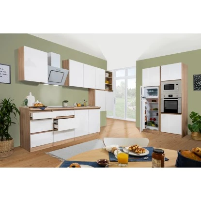 Respekta Premium Küchenzeile Grifflos 435 Cm Weiß Hochglanz-Eiche Sägerau 6 Respekta Premium Küchenzeile Grifflos 435 Cm Weiß Hochglanz-Eiche Sägerau – Bild 4