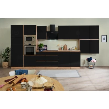 Respekta Premium Küchenzeile Grifflos 445 Cm Schwarz Hochglanz-Eiche Sägerau 5 Respekta Premium Küchenzeile Grifflos 445 Cm Schwarz Hochglanz-Eiche Sägerau – Bild 3