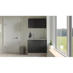 Flex-Well Exclusiv Miniküche Capri 100 Cm Schwarz Matt-Endgrain Oak