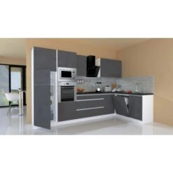 Respekta Premium Winkelküche Grifflos 345 Cm Grau Hochglanz-Weiß -Obi Kuche Geschaft 511 4384 GLRPL345HWGGKE 01