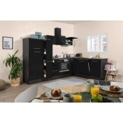 Respekta Premium Winkelküche RP290ESC 290 X 200 Cm Schwarz Hochglanz-Eiche Grau