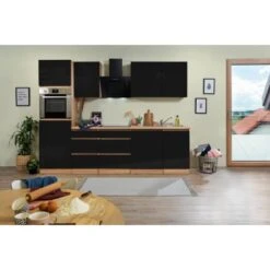 Respekta Küchenzeile Ohne E-Geräte 280 Cm Grifflos Schwarz Hochgl.-Eiche Sägerau