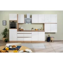 Respekta Küchenzeile GLRP370HESW Grifflos 370 Cm Weiß Hochglanz-Sonoma Eiche