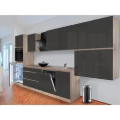 Respekta Küchenzeile GLRP380HESG Grifflos 380 Cm Grau Hochglanz-Sonoma Eiche -Obi Kuche Geschaft Kuechenzeile GLRP380HESG 1